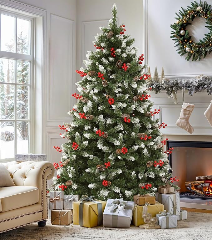 DWVO Prelit Christmas Tree 7.5ft with 82 Pine Cones & 82 Red Hollies, Atificial Tree with 550 LED Lights, Full Green Xmaxs Trees with 1398 Metal Hinged Branch Tips & Stand for Home Party Decoration