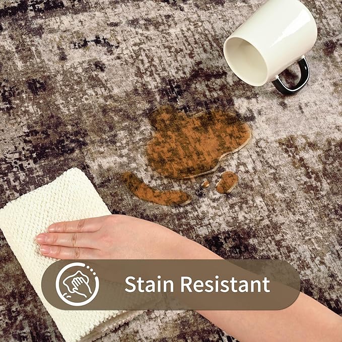 Ompaa Living Room Rug 5x7 Brown Area Rug Machine Washable Boho Coffee Rug Non Slip Abstract Vintage Indoor Large Rugs for Bedroom, Classroom, College Dorm, Farmhouse, Dining Room, Kids Playroom