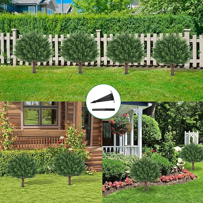 Artificial Cypress Topiary Tree with Ground Spike, Set of 2 Artificial Shrub Bushes, Fake Evergreen Tree for Porch, Artificial Plants for Outdoor Planters Indoor UV Resistant