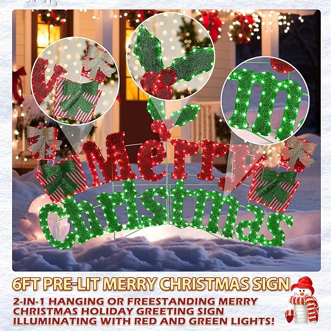 6FT Merry Christmas Sign for Decoration, 2-in-1 Pre-Lit Holiday Greeting Sign Decor with 456 LED Lights, Freestanding or Hanging Glittered Holiday Display for Outdoor, Indoor