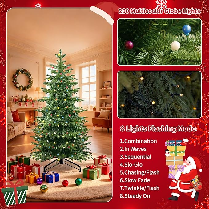 5Ft Prelit Artificial Christmas Tree, Lighted Aspen Fir Christmas Tree with Multicolor Globe Lights and Metal Stand, Slim PE & PVC Mixed Layered Xmas Tree for Holiday Home Decor