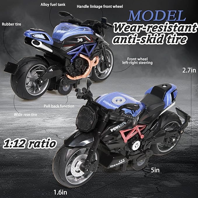 4-Pack Pull-Back Motorcycle Toys - Friction Powered Kids Toy Cars with Lights, Sounds & Automatic Drive for Boys & Girls Aged 3-12