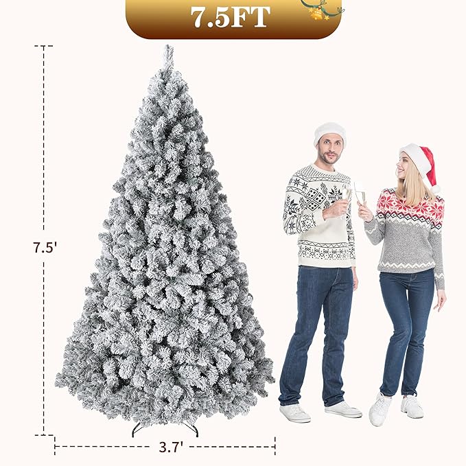 Garvee 7.5FT Snow Flocked Pre-Lit Christmas Tree with 450 Warm White Lights, 1050 Lush Branch Tips & Quick-Assembly Hinged Design, Full Artificial Xmas Tree for Winter Holiday Décor, Green & White