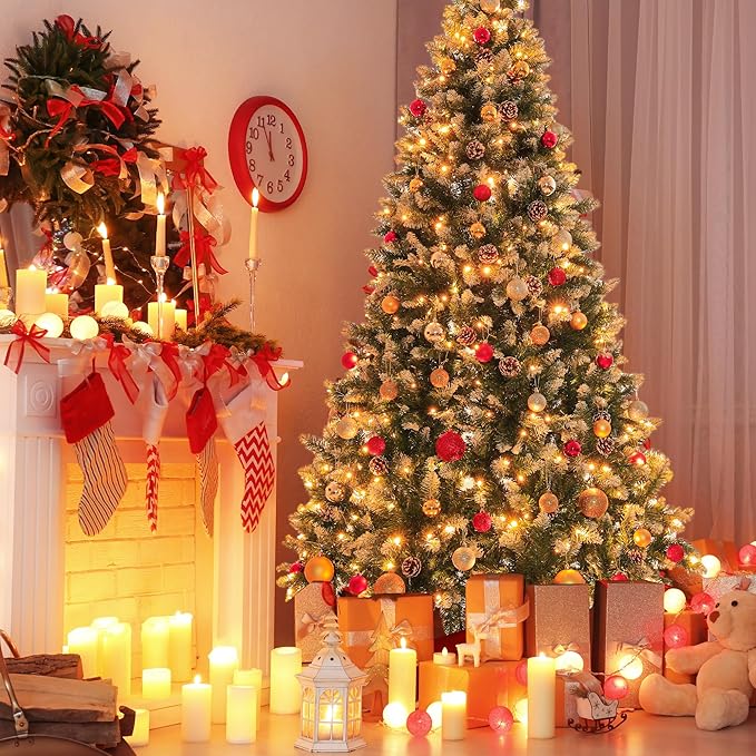 7.5FT Pre-Decorated Holiday Christmas Tree for Home, Office, Party Decoration, Partially Flocked Design, Pine Cones, Metal Hinges & Base - Green/White (Regular Warm, 7.5FT)