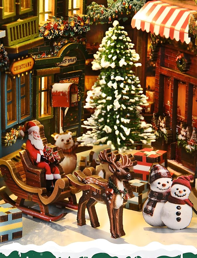 DIY Christmas Book Nook Kit, Wooden Dollhouse Kit with Dust Cover,Tiny Diorama House Building Set Booknook Bookshelf Insert Decor Alley Creative Idea Gifts for Aduls Bookends Model(Christmas Street)