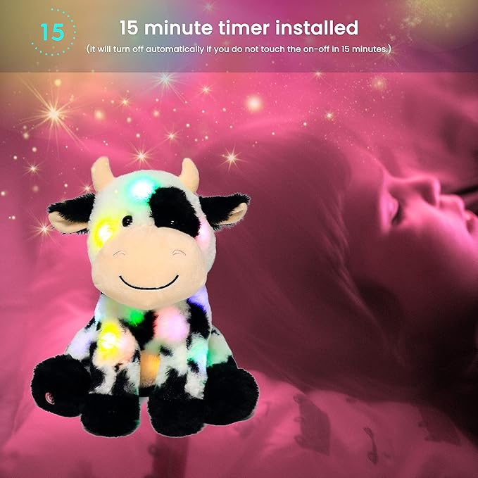 Hopearl LED Plush Smile Cow Lighting Up Stuffed Animal Diary Cattle Floppy Night Lights Glow in The Dark Birthday Festival for Kids Toddler Girls, 11''