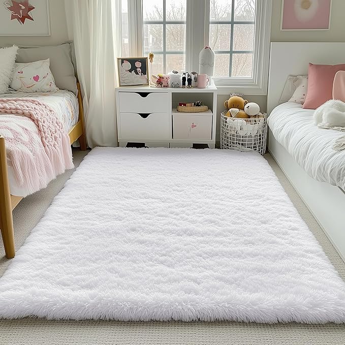 PAGISOFE Soft Comfy White Area Rugs for Bedroom Boys Living Room Fluffy Shag Furry Carpet for Kids Room Soft Shaggy Bedside Cream Rug, Plush Office Rugs Indoor Floor Rugs 4' x 6', Nursery