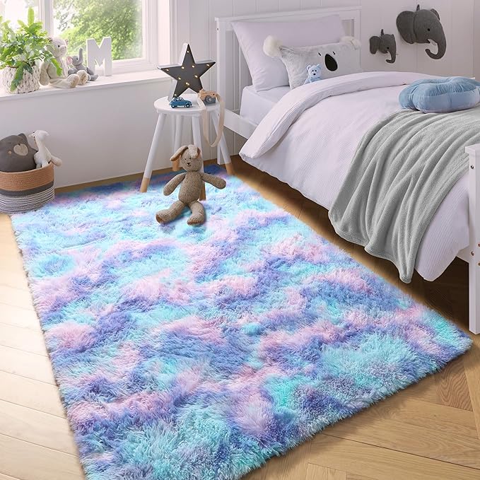 PAGISOFE Machine Washable Rainbow Runner Rugs for Girls Bedroom Hallway Plush Fluffy Purple Rug 3x5 Ft,Soft Carpet for Living Room, Non-Slip Indoor Floor Rugs for Nursery Kids Girls Room Home Decor