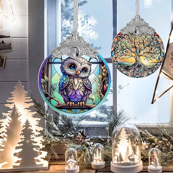 Owl Stained Glass Suncatcher and Christmas Ornament - Holidays Decor for Owl Lovers