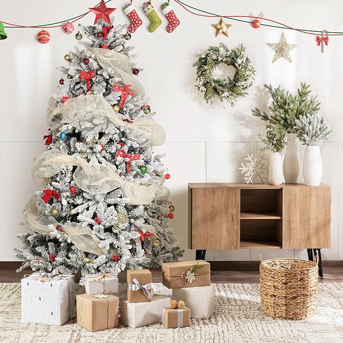 7FT Artificial Luxury Christmas Tree, Xmas Tree with 1300+ PE Branch Tips, Pine Cones & Metal Base, Snow-Flocked Hinged Tree for Home Office Party Festival Holiday Decor