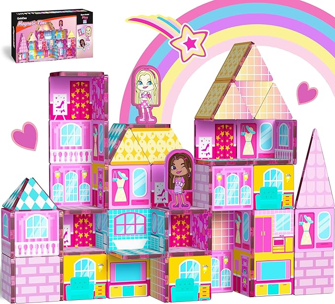 GobiDex Princess Magnetic Doll House Building Toys for Girls 3+, Pink Magnet Tiles for Kids Ages 4-8 STEM Sensory Toys for Toddlers Birthday Gifts for Girls 3+ Year Old