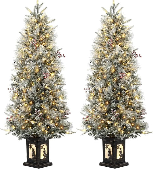 GarveeHome 4.5 ft Pre-Lit Flocked Artificial Christmas Tree with Pine Cones, Artificial Xmas Tree w/ 386 Branch Tips & 200 Lights, Snowman Base for Home, Party Decoration,2 PCS