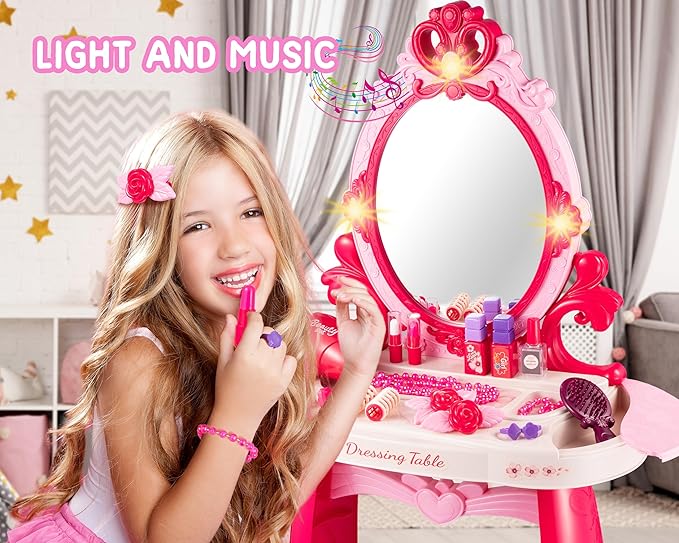 Toddler Vanity Makeup Table Toy with Mirror&Chair，Kids Vanity Set with Light&Music、Pretend Play Makeup Accessories with Hair Dryer Toy，Gift for Girls and Toddlers2 3 4 5 6Years Old