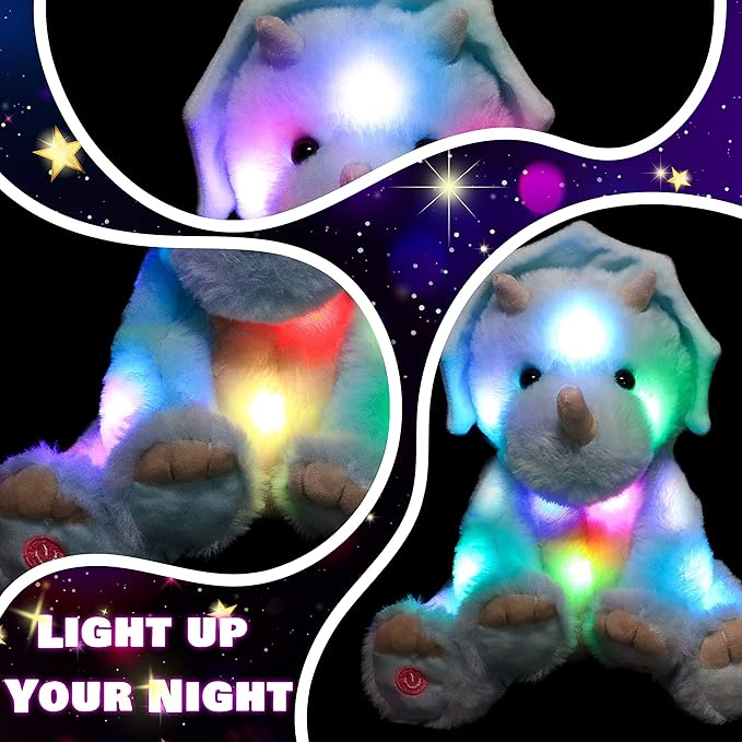 Cuteoy Blue Triceratops LED Musical Stuffed Animal Light-up Singing Plush Dinosaur Adjustable Volume Lullaby Plushies Birthday Christmas Toy Gifts for Kids Toddler Girls, 13"
