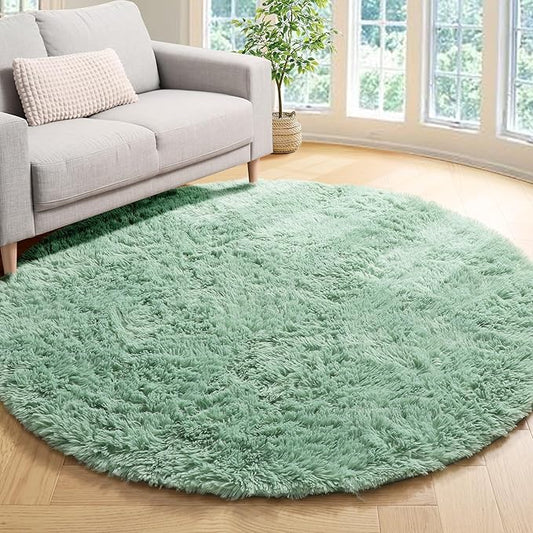 ONASAR Sage Green Round Area Rugs 5ft, Fluffy Soft Bedroom Circle Rug for Kids Girls Boys Teen Room, Cute Furry Plush Shaggy Carpet Floor Mat for Nursery Living Room Playroom Dorm Home Decor