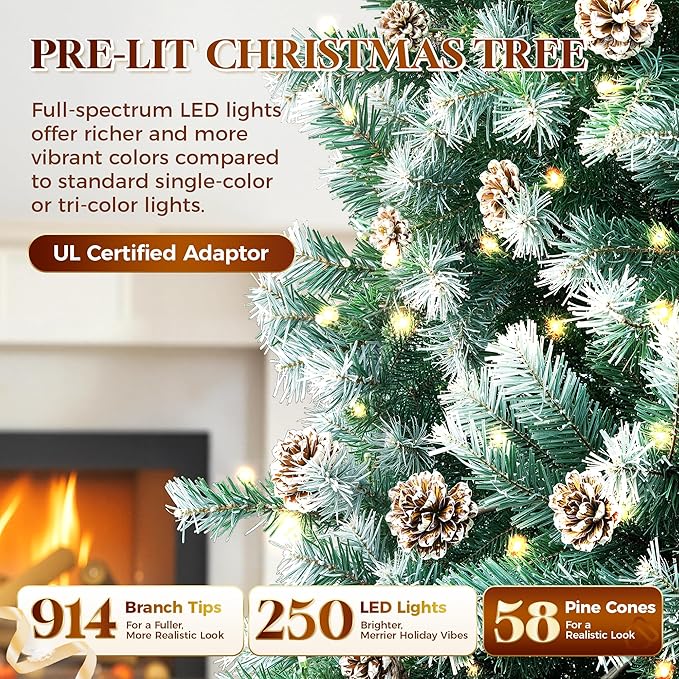 HOLLO STAR 6 ft Prelit Christmas Tree with 250 LED Lights, App Control, Artificial Christmas Tree, Multi-Color RGBW Lights, 914 Flocked Frosted Tips, 58 Pine Cones, Metal Base, for Home, Party