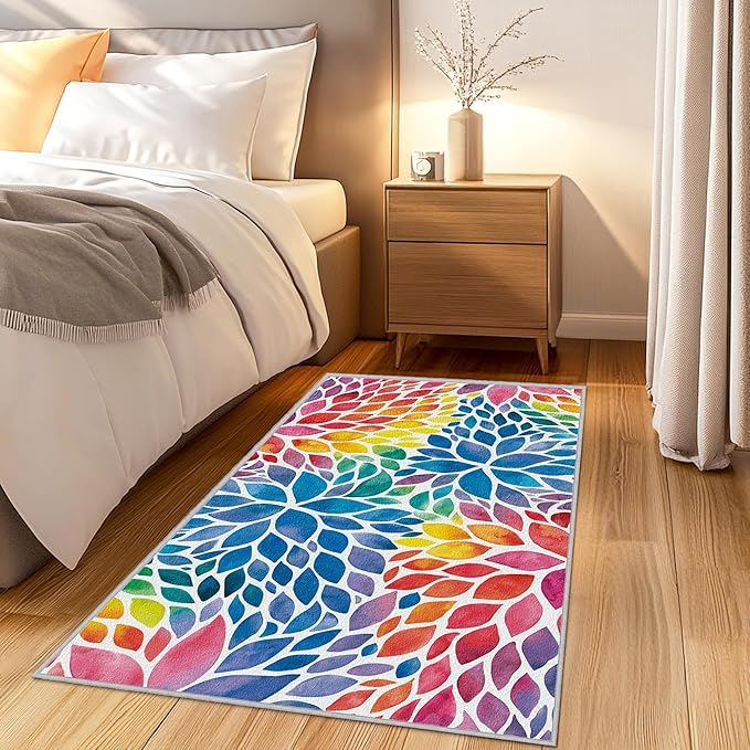 Abstract Rainbow 3x5 Entryway Rugs Colorful Dahlia Floral Rugs Multicolor Area Rug, Non-Slip Machine Washable Entrance Mat Carpet for Playroom Nursery Dining Room Kitchen Laundry 3' x 5'