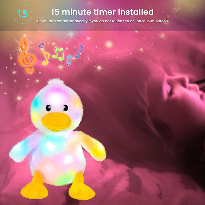 Hopearl LED Musical Stuffed Duck Lighting Up Singing Duckling Plush Toy Adjustable Volume Lullaby Animated Soothe Birthday Gifts for Kids Toddler Girls, White, 11''