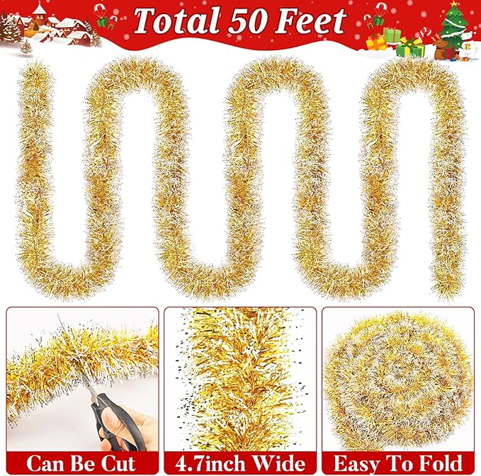 50Ft Christmas Gold and Silver Tinsel Garland Metallic Twist Shiny Garland for Xmas Christmas Tree Ceiling Hanging Decorations Holiday Wedding Home Party Supplies Indoor Outdoor Decor
