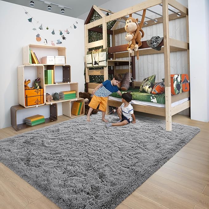 3x5 Grey Fluffy Bedside Area Rug Machine Washable, Small Shag Rugs Non Shedding for Living Room, Fluffy Carpet Anti Slip, Kids Playroom, Boy Girl Nursery