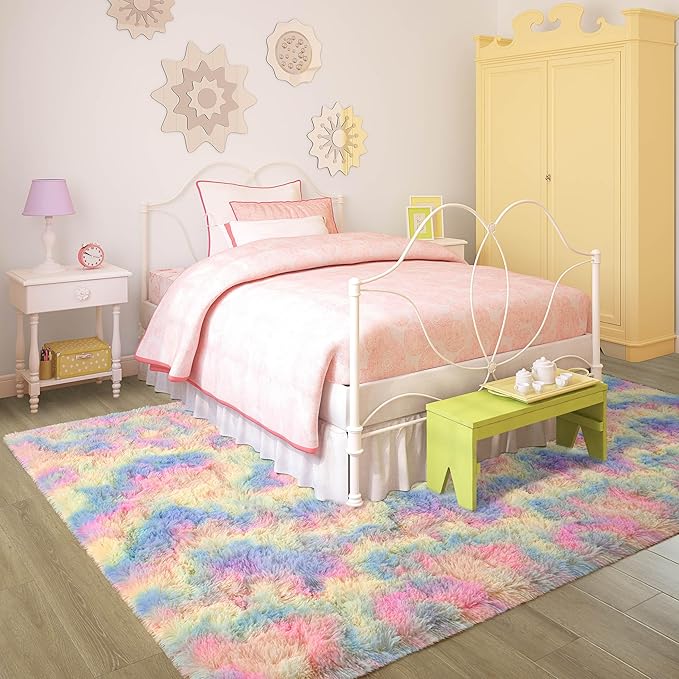 6x9 Rainbow Fluffy Rug for Girls Bedroom Soft Carpet, Large Unicorn Rainbow Rug Cute Shag Rugs for Living Room Classroom Baby Toddler Kids Girls Room Nursery Dorm, Colorful Kawaii Home Decor