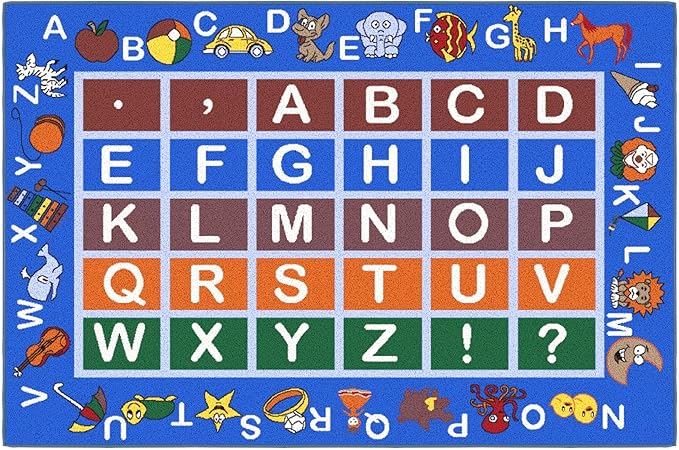 Ottomanson 3'3" x 5' Alphabet Kids Rug - Educational ABC Play Mat for Playroom, Bedroom, Daycare & Classroom - Fun & Interactive Learning Carpet - Durable & Non-Slip for High-Traffic Areas, Blue