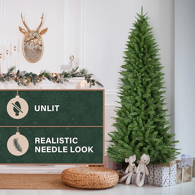 Fraser Hill Farm 7.5-Ft. Winter Falls Slim Artificial Christmas Tree with Stand and No Lights, Unlit Foldable Christmas Tree with Realistic Foliage for Home Decoration