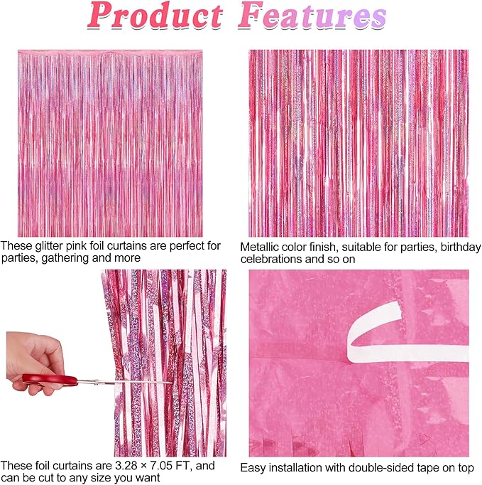 8 Pack Pink Backdrop, 3.28 FT x 7.05 FT Fringe Curtains, Metallic Glitter Pink Fringe Party Streamer Foil Curtains Tinsel Backdrop, Pink Decorations Bachelorette Party Supplies Birthday Decor