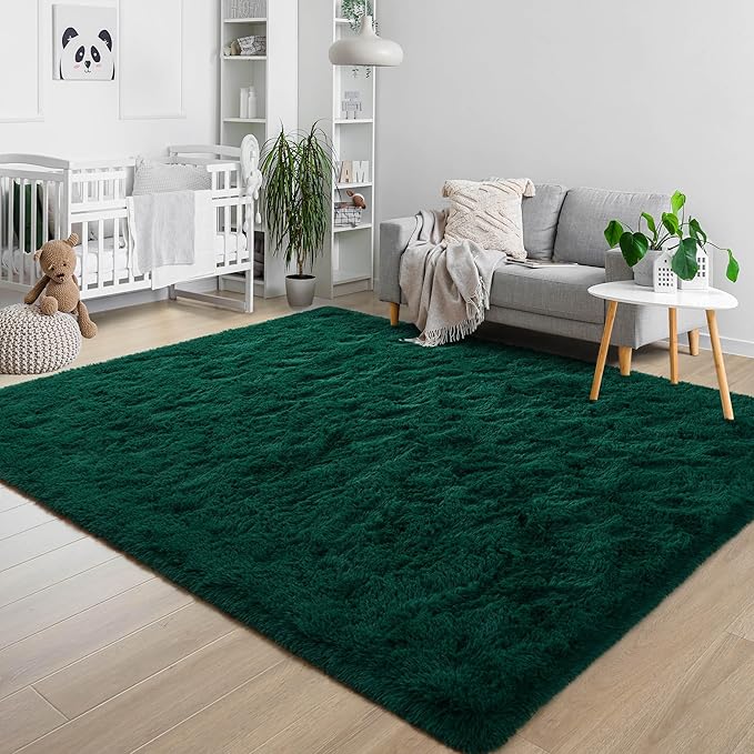 6x9 Fluffy Soft Dark Green Rugs for Living Room Bedroom, Large Plush High Pile Deep Green Carpet for Classroom Kids Boys Playroom Toddler Nursery Dorm Home Decor, Modern Indoor Non Slip Rug