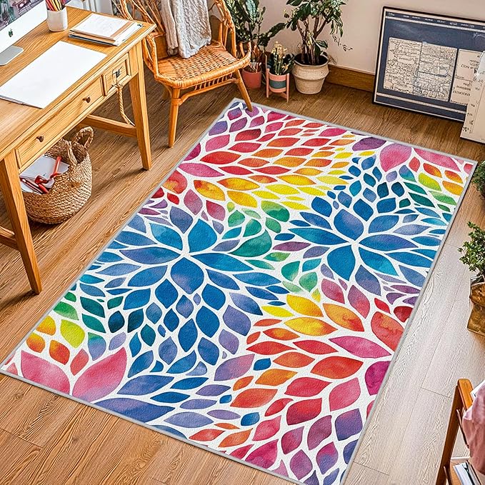 Abstract Rainbow 3x5 Entryway Rugs Colorful Dahlia Floral Rugs Multicolor Area Rug, Non-Slip Machine Washable Entrance Mat Carpet for Playroom Nursery Dining Room Kitchen Laundry 3' x 5'