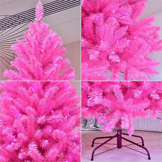 YULETIME 6.5 Feet Pre-Lit Pink Christmas Tree, Artificial Holiday Decorative Tree with UL Listed 300 Pink LED Christmas Lights with Matching Color Wire