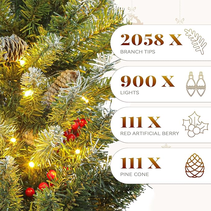 YITAHOME 9FT Prelit Christmas Tree with Remote, Artificial Hinged Pre-Decorated Christmas Tree with 111 Pine Cones & 111 Red Berries, Xmas Tree with 2058 Frosted Tips, 900 Lights