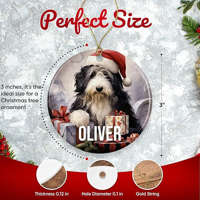 Old English Sheepdog Personalized Dog Ornament - 3" Round Ceramic - Christmas Tree Decor - Dog Mom/Dad Gift - DOG0150