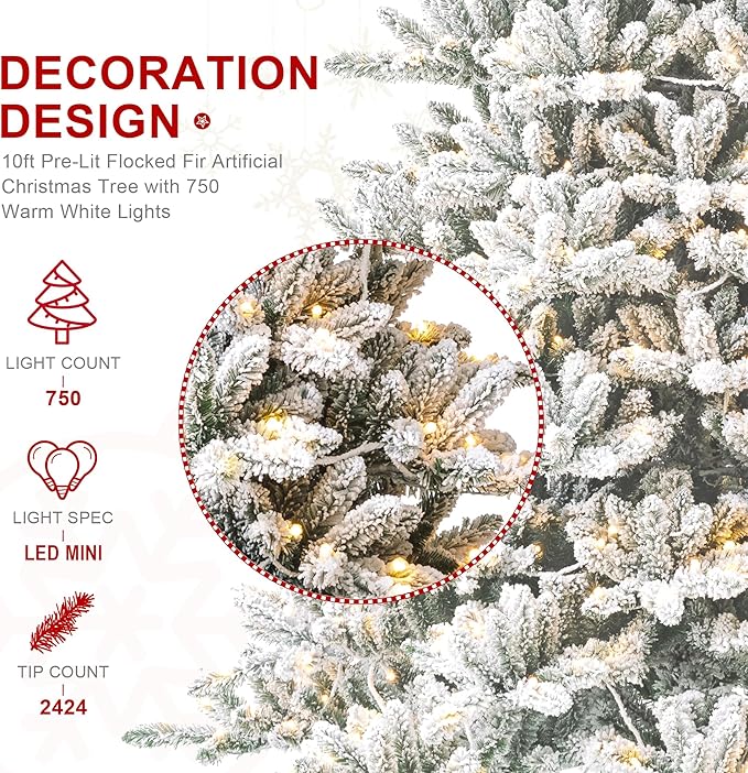 Glitzhome 10ft Pre-Lit Flocked Fir Artificial Christmas Tree with 750 Warm White Lights, Full Size Large Xmas Tree for Holiday New Year Party Home Decor