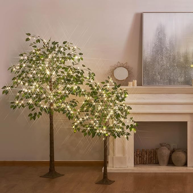 BAOLITVINE Lighted Ficus Tree 6FT 264 LED Fairy Lights, Artificial Twig Tree with Lights for Home Living Room Spring Christmas Decoration Indoor Outdoor
