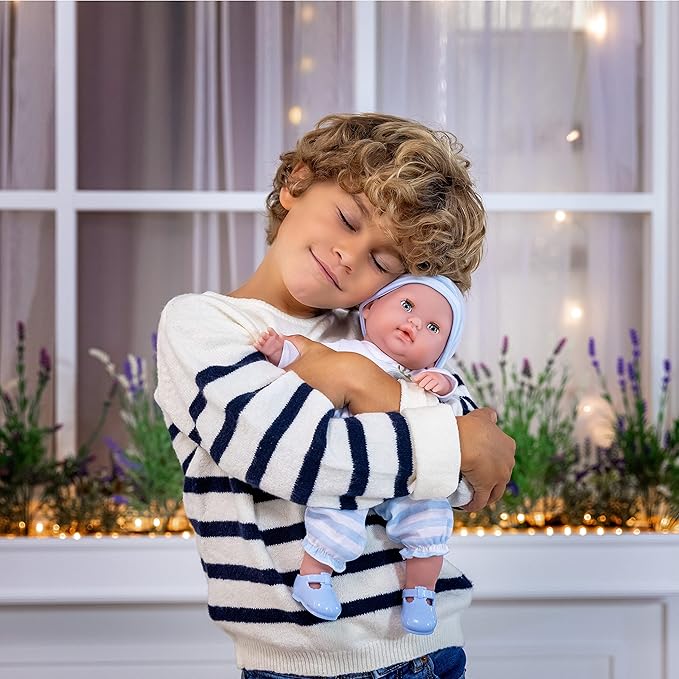 15" Realistic Soft Body Baby Doll with Open/Close Eyes | JC Toys - Berenguer Boutique | 10 Piece Gift Set with Bottle, Rattle, Pacifier & Accessories | Blue | Ages 2+