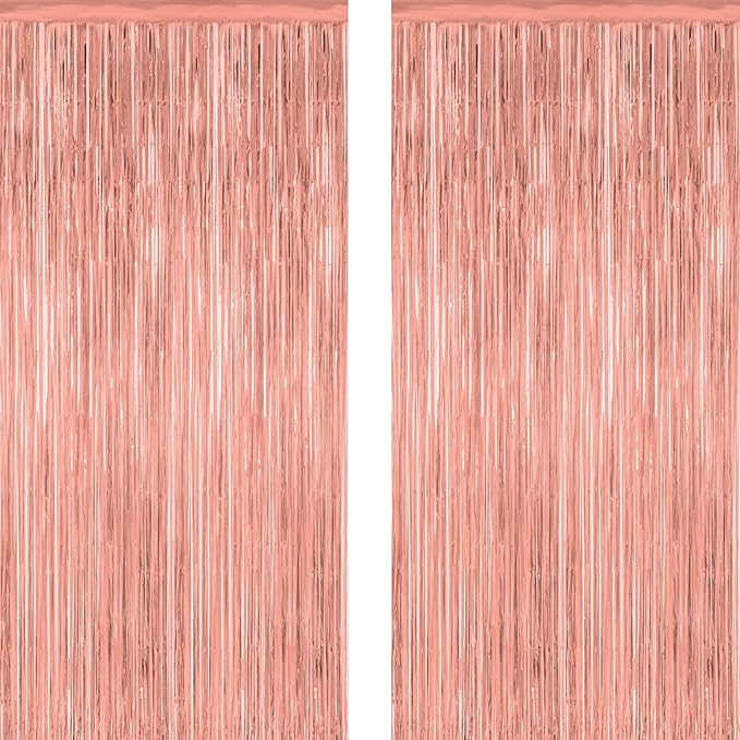 2 Pack Rose Gold Decorations, 3.28 FT x 7.05 FT Rose Gold Fringe Curtains, Metallic Photo Backdrop Tinsel Backdrop Foil Curtains, Metallic Party Supplies Wedding Decor