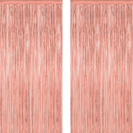 2 Pack Rose Gold Decorations, 3.28 FT x 7.05 FT Rose Gold Fringe Curtains, Metallic Photo Backdrop Tinsel Backdrop Foil Curtains, Metallic Party Supplies Wedding Decor