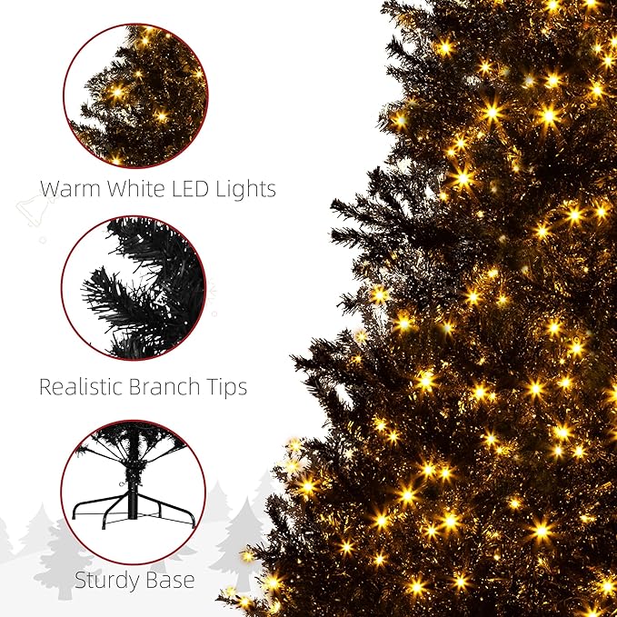 HOMCOM 7.5' Tall Prelit Christmas Tree Douglas Fir Artificial Christmas Tree with Realistic Branches, 500 Warm White LED Lights and 1346 Tips, Black
