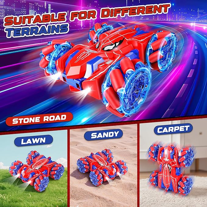 Spider RC Cars for 4 5 6 7 8 Year Old Boys - 2.4Ghz Rechargeable Double Sided Remote Control Stunt Car, 360°Rotating 4WD Off-Road RC Drift Car with Light, Birthday Xmas Gifts for Kids Age 4-6 5-7 8-12