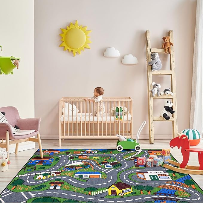 Ottomanson 3'3" x 5' Kids Road Map Rug - Interactive City Traffic Play Mat for Toy Cars - Perfect for Playroom, Bedroom, Daycare & Classroom - Durable & Non-Slip for High-Traffic Areas, Multicolor