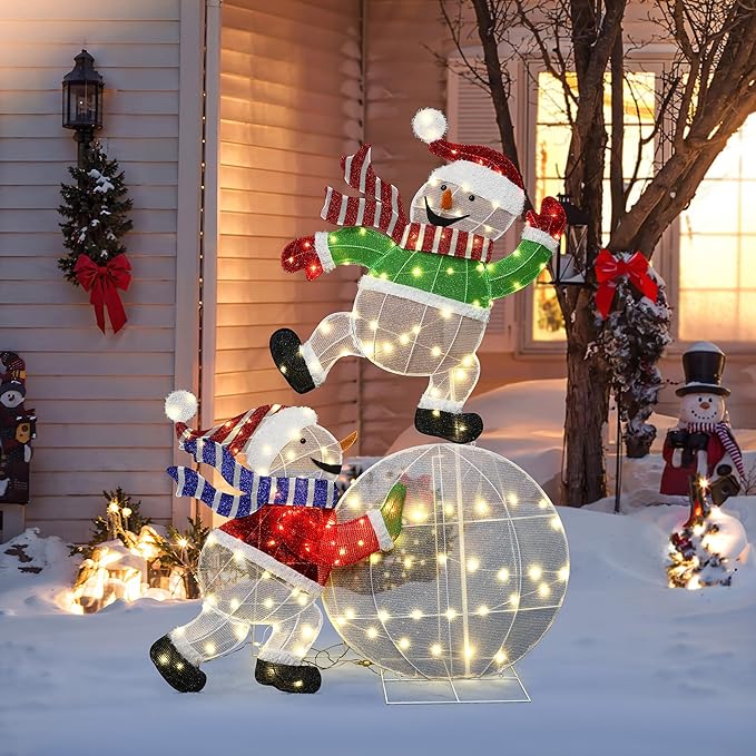 LuxenHome 5.5FT Lighted Snowman Outdoor Christmas Decorations, 2D Light Up Snowman on Snowball Christmas Decor with 140 LED Lights, Xmas Decorations Outdoor, Indoor for Porch, Lawn Holiday Display