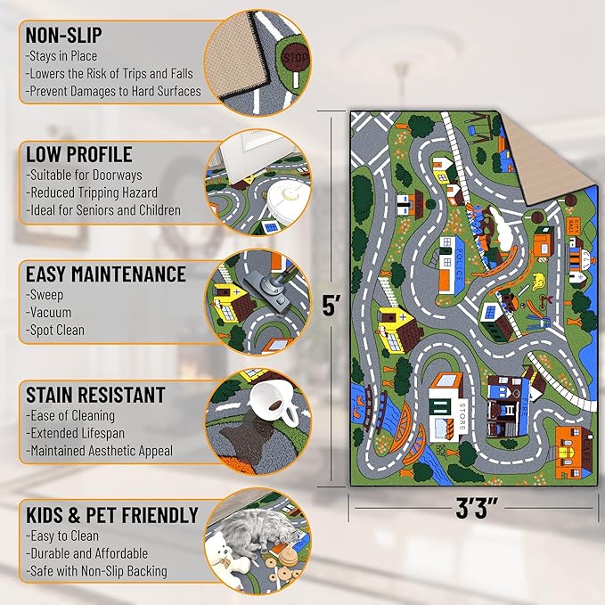Ottomanson 3'3" x 5' Kids Road Map Rug - Interactive City Traffic Play Mat for Toy Cars - Perfect for Playroom, Bedroom, Daycare & Classroom - Durable & Non-Slip for High-Traffic Areas, Multicolor