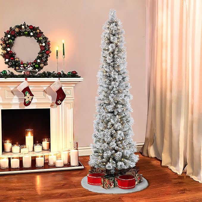 Puleo International 6.5ft Flocked Portland Pine Pencil Christmas Tree with 300 Clear Lights, 410 Realistic Dense Branch Tips, Easy Setup Artificial Trees with Sturdy Metal Stand