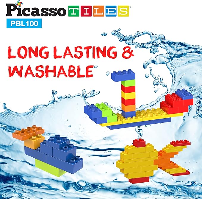 PicassoTiles 100 Piece Large Construction Brick Building Blocks STEM Bricks Toy Set Creative Learning Early Education Playset 5 Colors 4 Unique Shapes Mix & Match Toys for Kids Boys Girls Child Age 3+