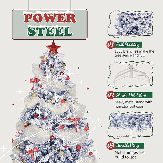6FT Blue Premium Artificial Holiday Christmas Tree, Snow-Flocked Pine Tree with 1000+ Branch Tips, Metal Stand and Hinged Branches for Indoor and Outdoor