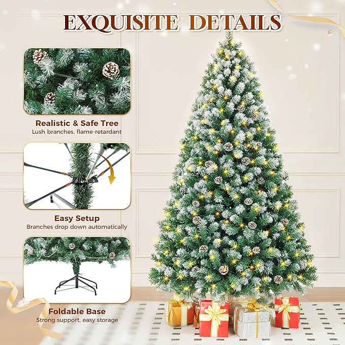 HOLLO STAR 6 ft Prelit Christmas Tree with 250 LED Lights, App Control, Artificial Christmas Tree, Multi-Color RGBW Lights, 914 Flocked Frosted Tips, 58 Pine Cones, Metal Base, for Home, Party
