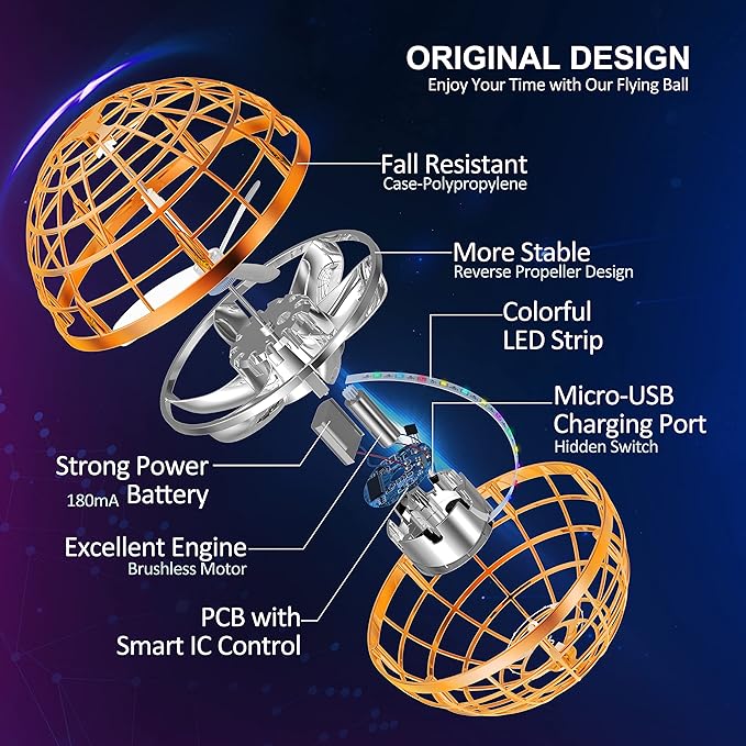 LEMATRIX Flying Orb Ball Toy, Hover Ball Boomerang Fly Fidget Spinner, Cool Toys Gifts for 6 7 8 9 10 11 12+ Years Old boy Girls Teens, Hand Mini Drone Cosmic Globe, Indoor Outdoor Toys(Orange)