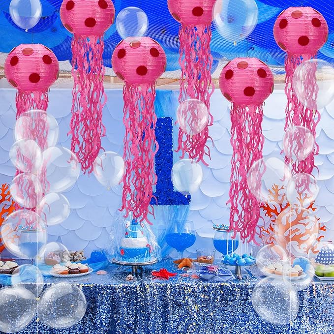 6 Set Sponge Party Hanging Jellyfish Decorations 8 Inch Jellyfish Paper Lanterns with 100 Pcs 5 Inch 10 Inch Clear Balloons Jellyfish Hanging Decor for Birthday Party Ocean Decorations