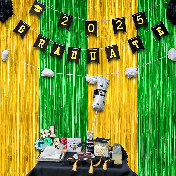 2 Pack Graduation Backdrop, Large Grad Decor 2025, Green Gold Graduation Photo Backdrop Fringe Curtains Party Streamer, Metallic Green and Gold Grad Decorations Class of 2025